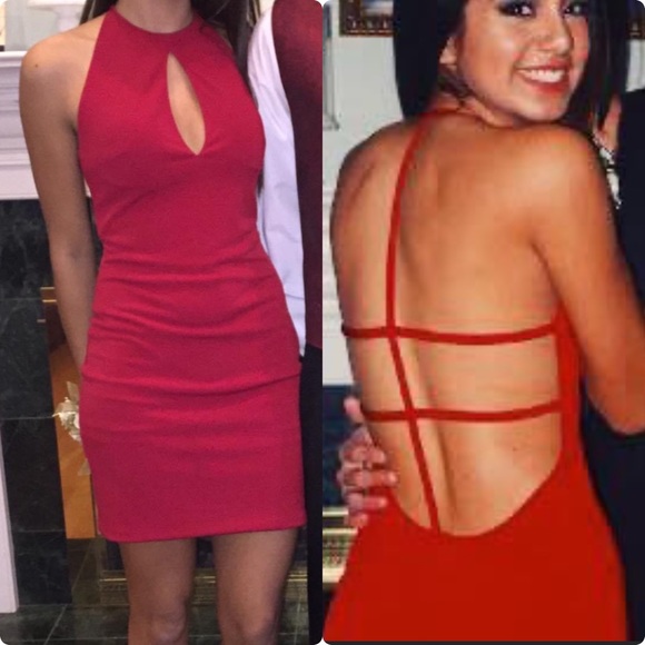 Custom Short Red Keyhole Jersey Dress. JVN by Jovani. - Picture 4 of 4